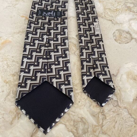 Hermes 100% Silk Geometric Pattern Blue/Grey/Brown - Picture 7 of 9